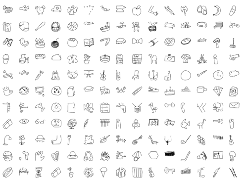 Image of some of the drawings in the Quick, draw! database that are used to train its AI to recognise hand drawn images.