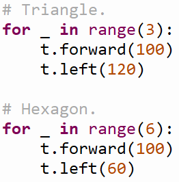 Screenshot of a Python Turtle code showing two for loops: one draws a triangle by repeating forward and left turn commands three times, and the other draws a hexagon by repeating the commands six times with a 60-degree turn. 