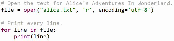 Screenshot of a Python program that opens the text file 'alice.txt' for reading and uses a for loop to print each line of the file. The program demonstrates how to read and display the contents of a text file line by line. 