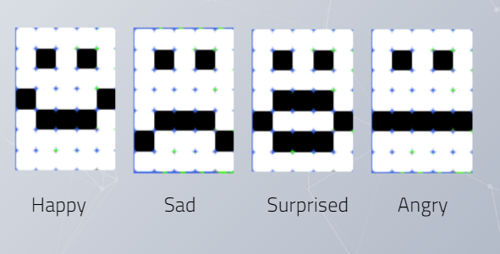 Image of 4 emojis represented as 5 x 7 pixels (black and white)