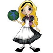 A cartoon girl holding a globe