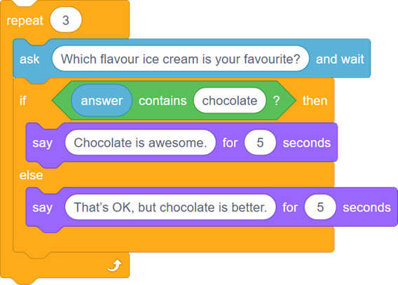 Screenshot of a Scratch programming script. A repeat 3 loop contains an ask and wait block that asks, ‘Which flavour ice cream is your favourite?’ An if/else statement checks whether the user's answer contains the word ‘chocolate.’ If it does, the sprite says ‘Chocolate is awesome.’ for 5 seconds. Otherwise, it says ‘That’s OK, but chocolate is better.’ for 5 seconds.  