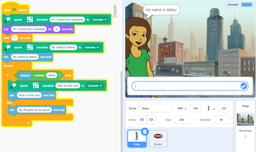 Scratch program showing Sprite (Abbey) coding blocks to respond to input text in selected language