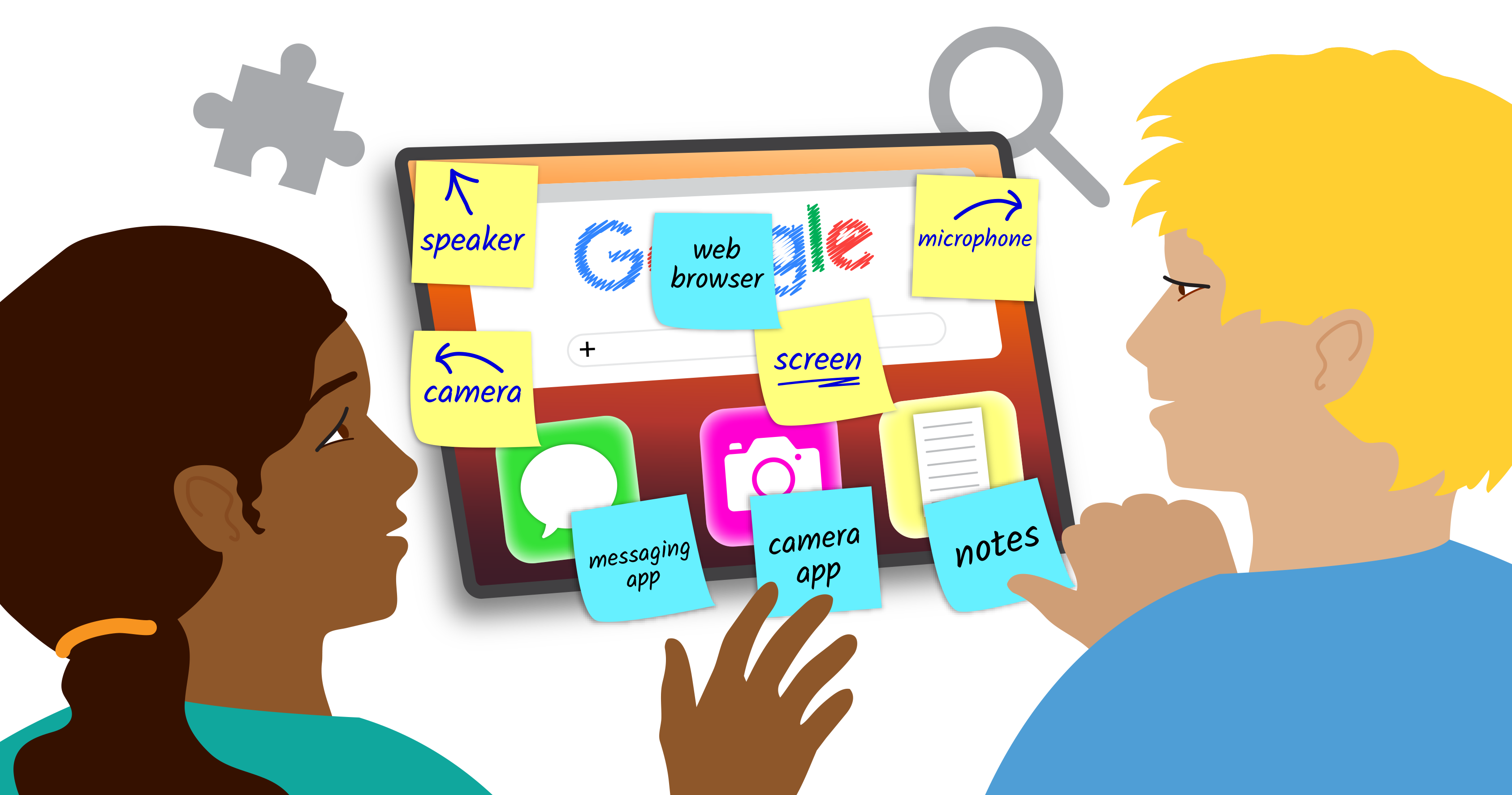 Two students using a tablet with labels identifying hardware components in yellow notes, including speaker, microphone, camera, and screen, and software in blue notes, including a web browser, messaging app, camera app, and notes app