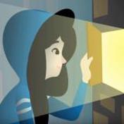 Cartoon girl peeking through a window