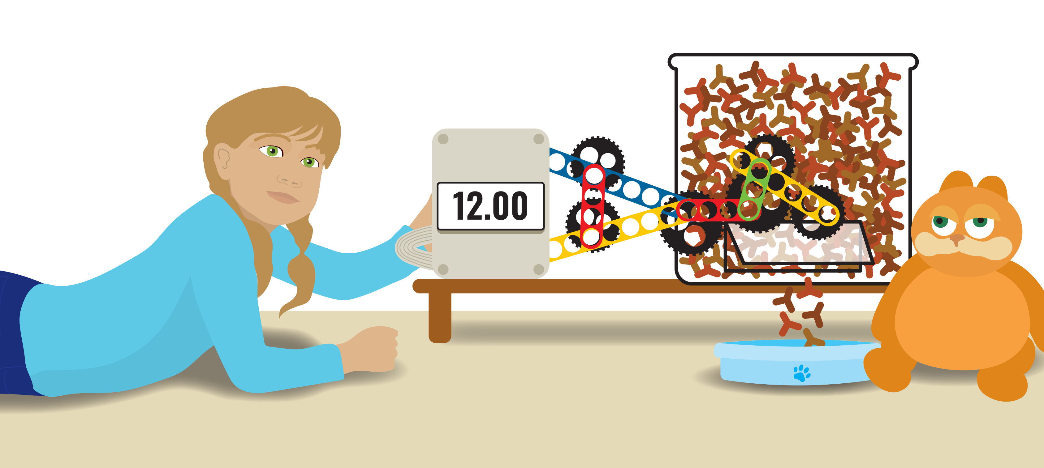 A student lying beside her homemade pet-feeding machine with gears, belts and a timer set to 12:00, dispensing pet food into a bowl next to a cat.