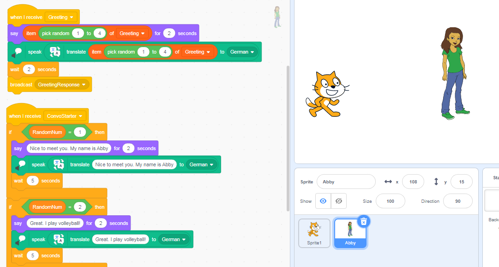 Scratch program showing part of Sprite 2 (Abby) coding block