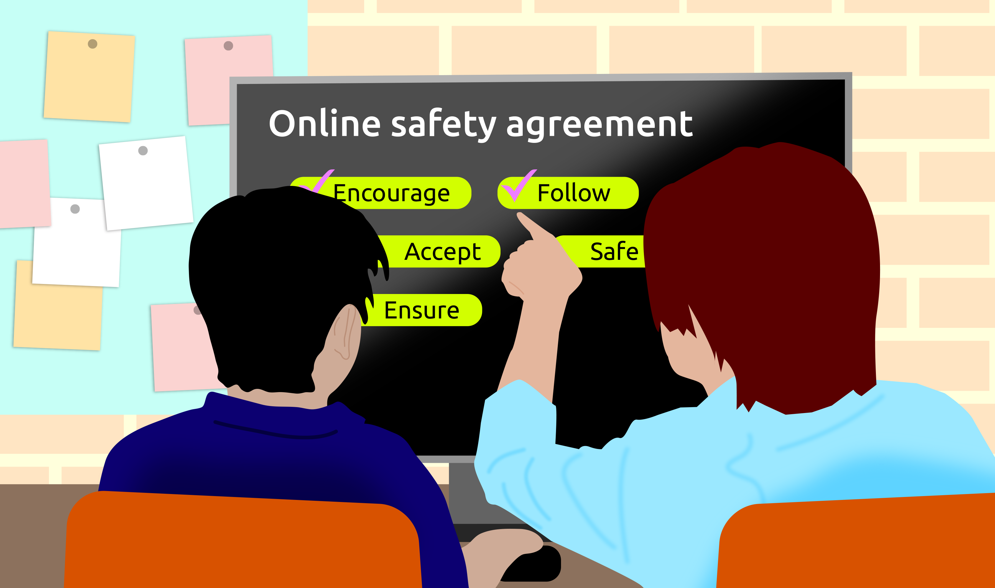 Illustration of two students reviewing an online safety agreement on a computer screen. The agreement includes positive online behaviour guidelines such as “Encourage”, “Follow”, “Accept”, “Safe”, and “Ensure”, with check marks beside selected items.
