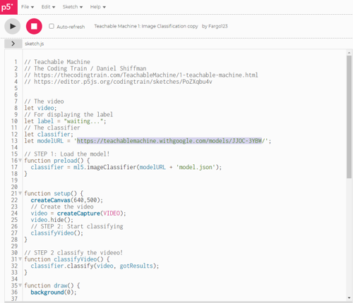 P5 sketch with Teachable machine model URL highlighted