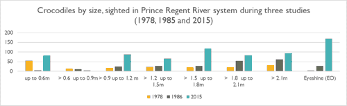 Crocodiles by size, sighted in Prince Regent River system during three studies