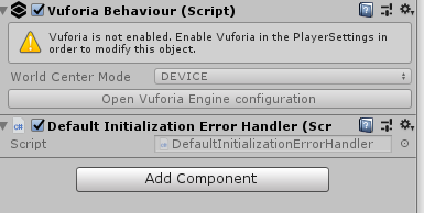 A screenshot showing the error message; 'Vuforia is not enabled. Enable Vuforia in the Player Settings in order to modify this object.