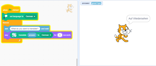 sprite 1 coding blocks to translate input text