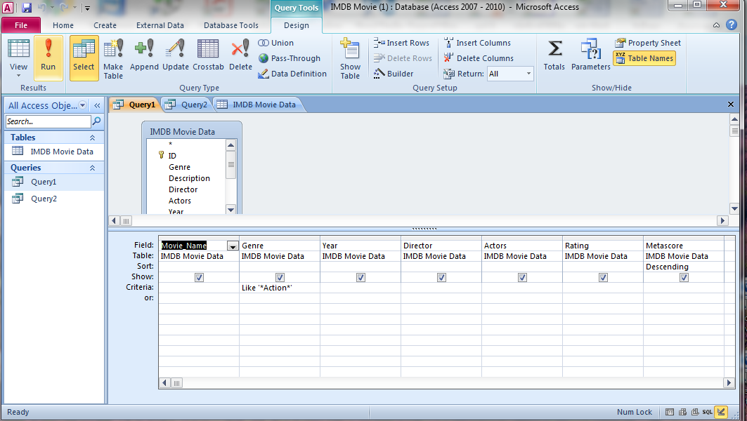 Example of an alternate view of a query in design view in the IMDB database in Microsoft Access