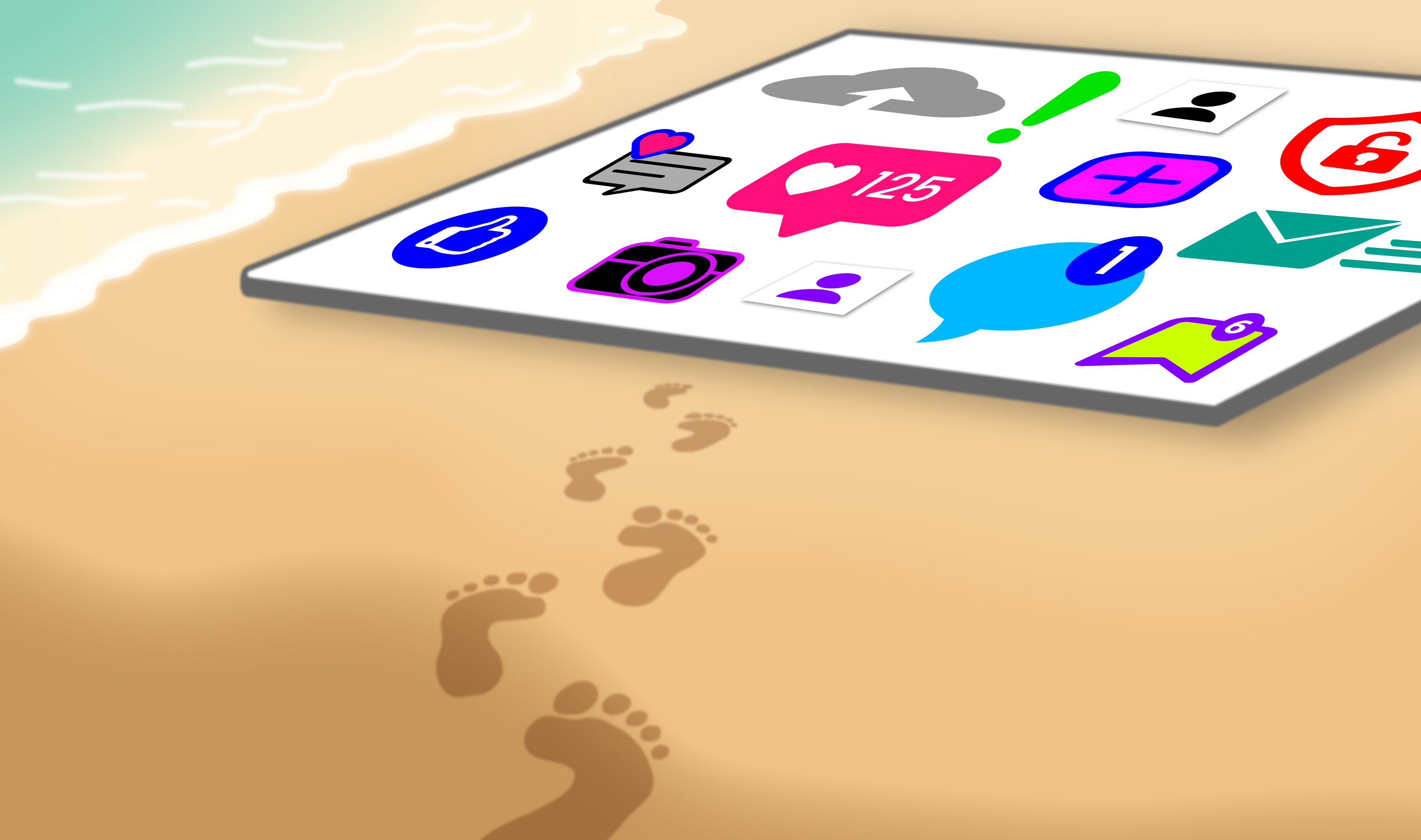 Illustration of a tablet device on a beach displaying social media and communication app icons, including messages, notifications, photos, and email. A trail of footprints in the sand leads toward the device, representing a person’s digital footprint.
