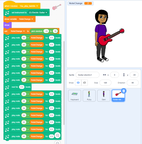 Screen capture of Scratch programming blocks changing tone and beat.