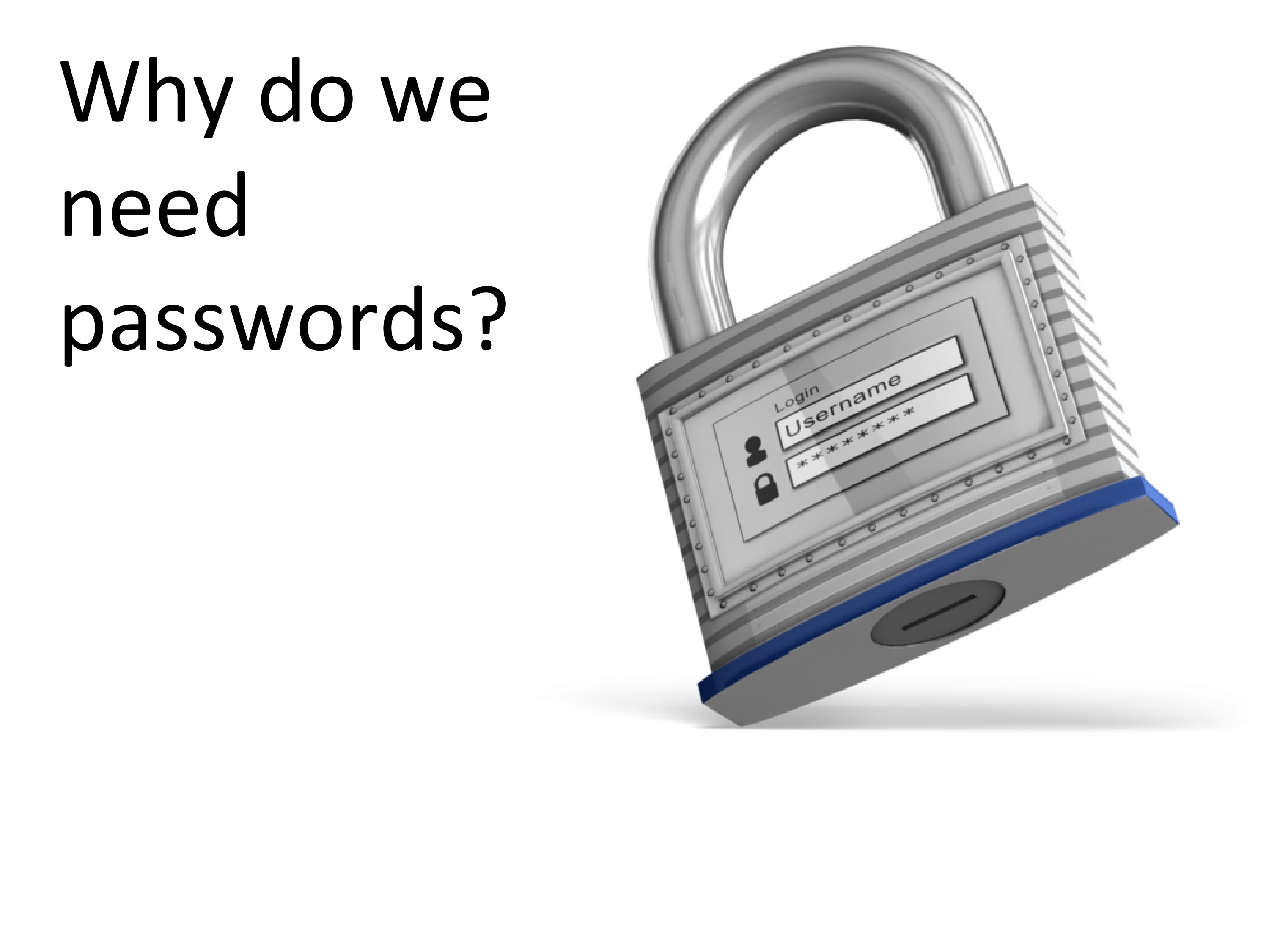 Image of a padlock and to the side are the words 'Why to do need passwords?'