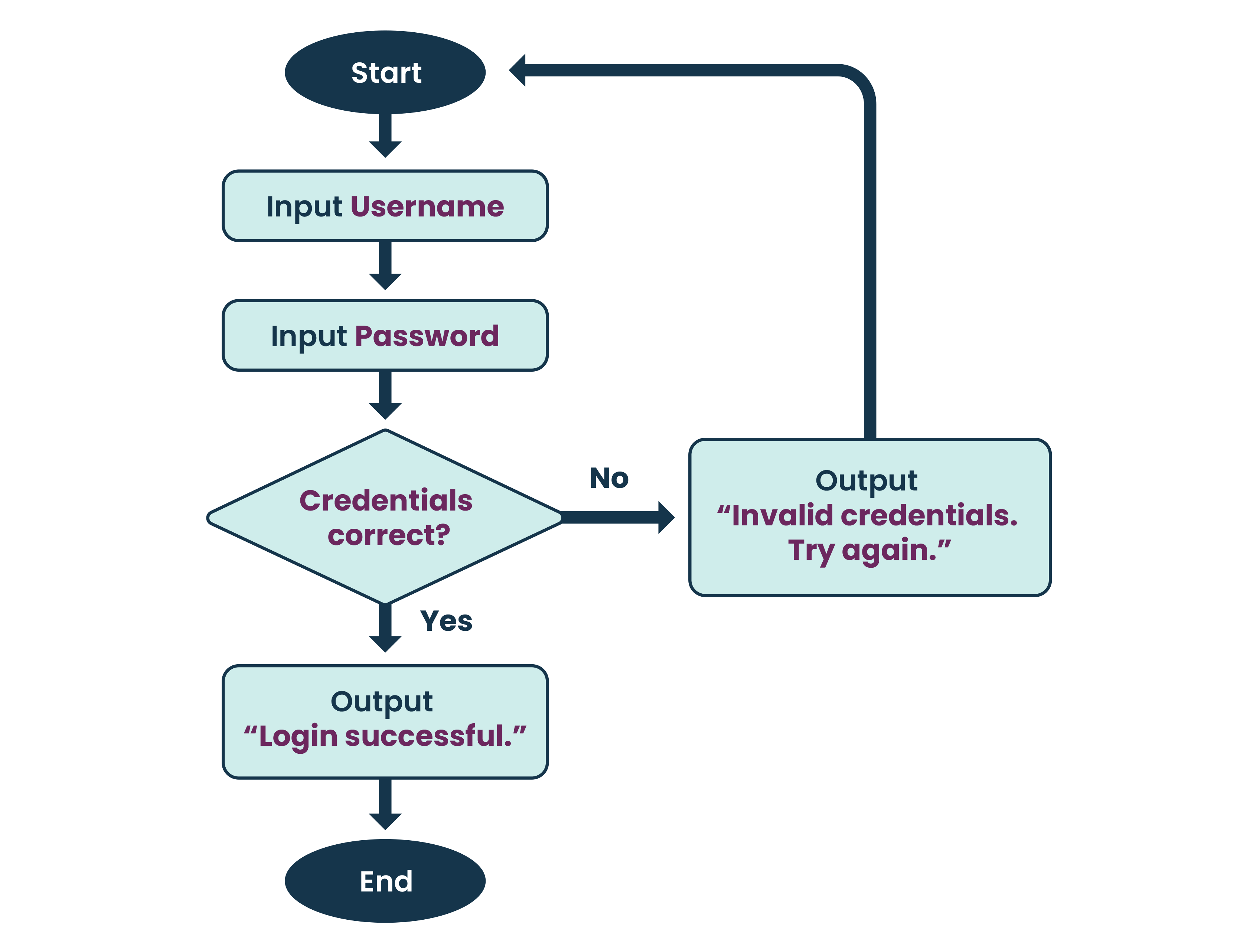 Flowchart showing a login process. The user starts by entering a username and then a password. A decision checks whether the credentials are correct. If yes, the system outputs “Login successful” and the process ends. If no, the system outputs “Invalid credentials. Try again.” and the login attempt is unsuccessful. 