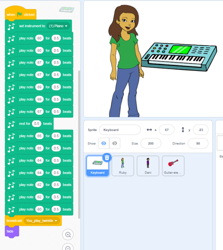 Screen capture of Scratch programming blocks, Melody 1