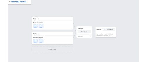 Image 1 shows the view of a project created in the Teachable Machine  AI application. On the left, the classes are shown. Once the model is created and trained, a preview will be shown.