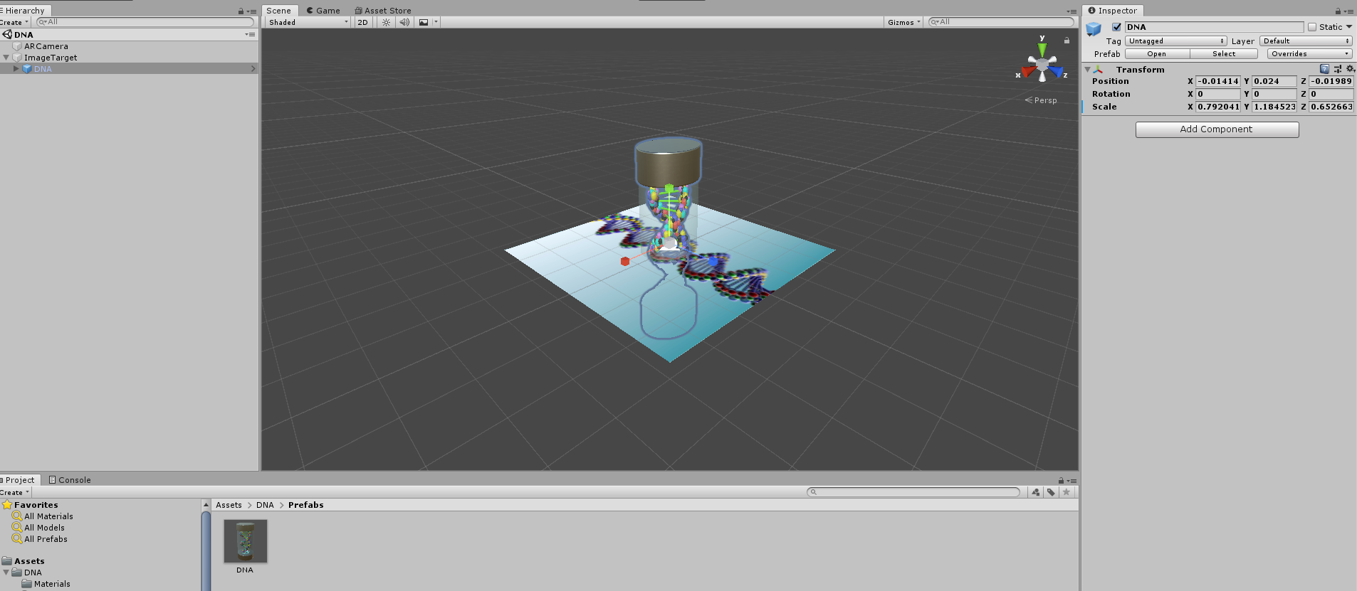 Screenshot of a Vuforia sample project that is being edited.