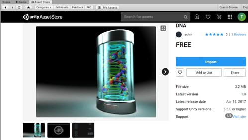 A screen shot of tUnity asset store showing a DNA double helix image that users can import for free into their Unity project environment.